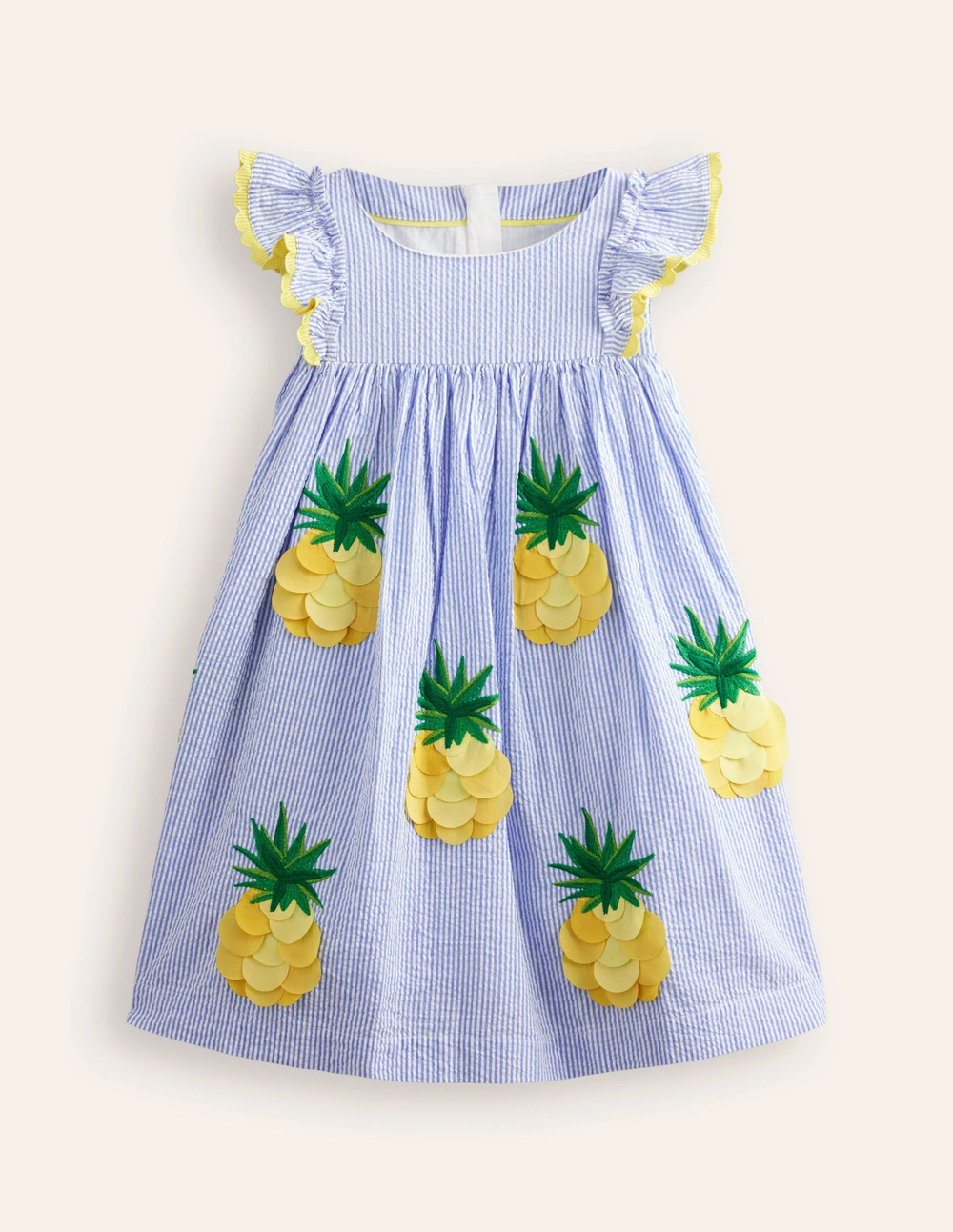 Mini Boden 6-7 Girls Pineapple 100% Cotton Flutter Fruit Dress in Blue Lined